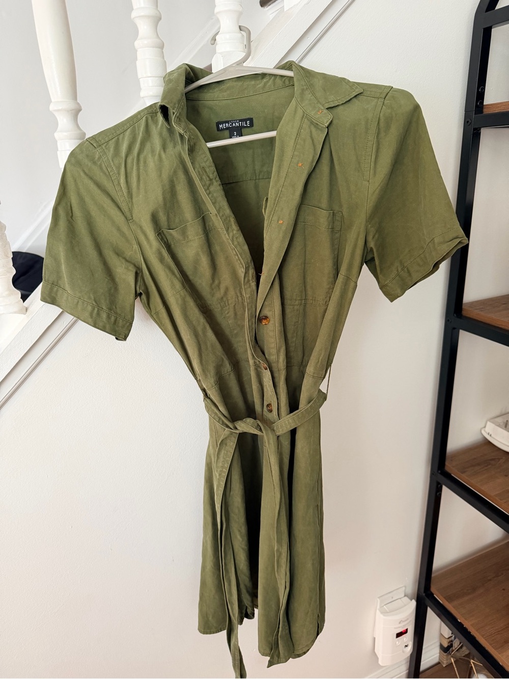 J. Crew Olive Green Short-Sleeve Shirt Dress with Tie